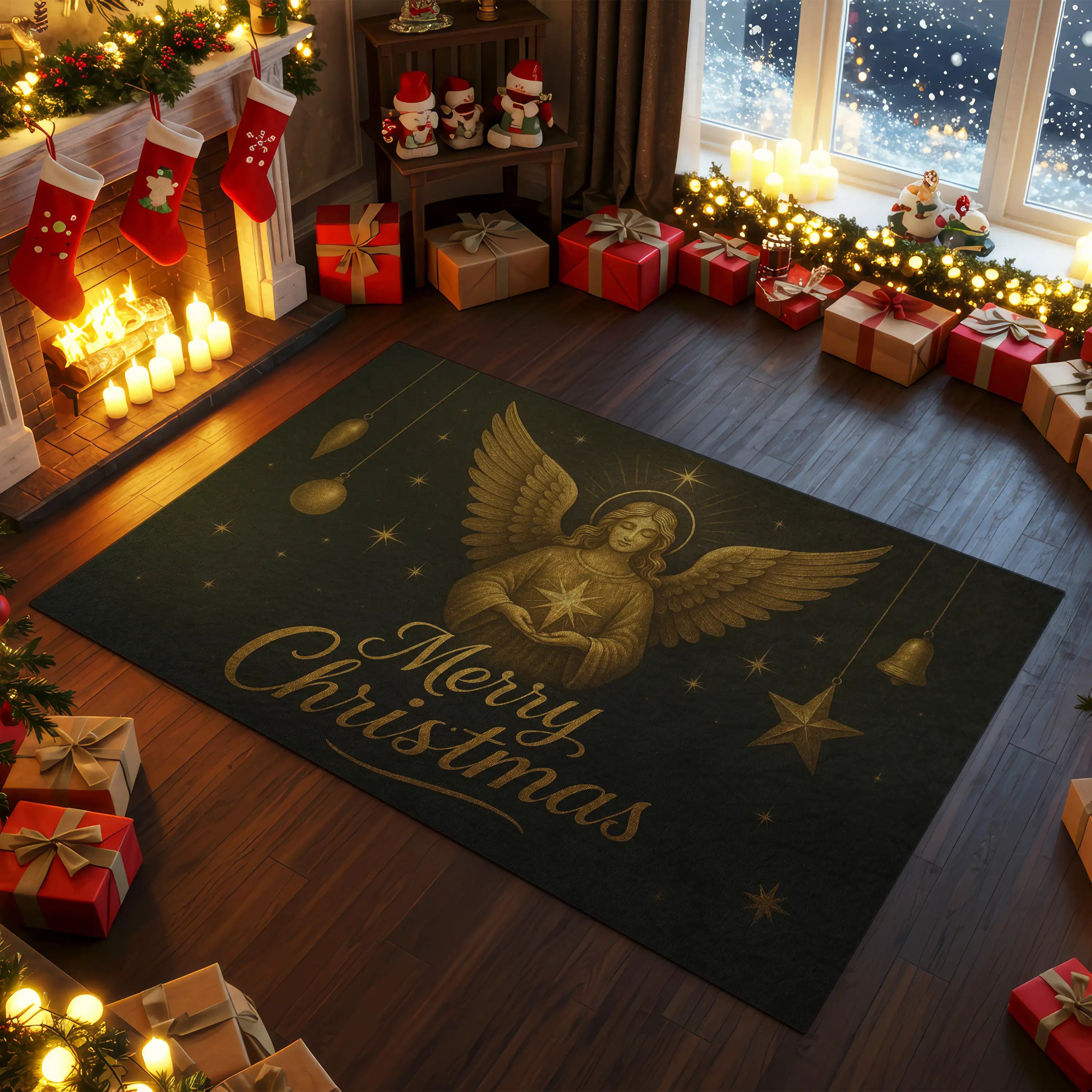 Jesus Christmas Rug – Elegant Black & Gold Holiday Carpet – YeahRug