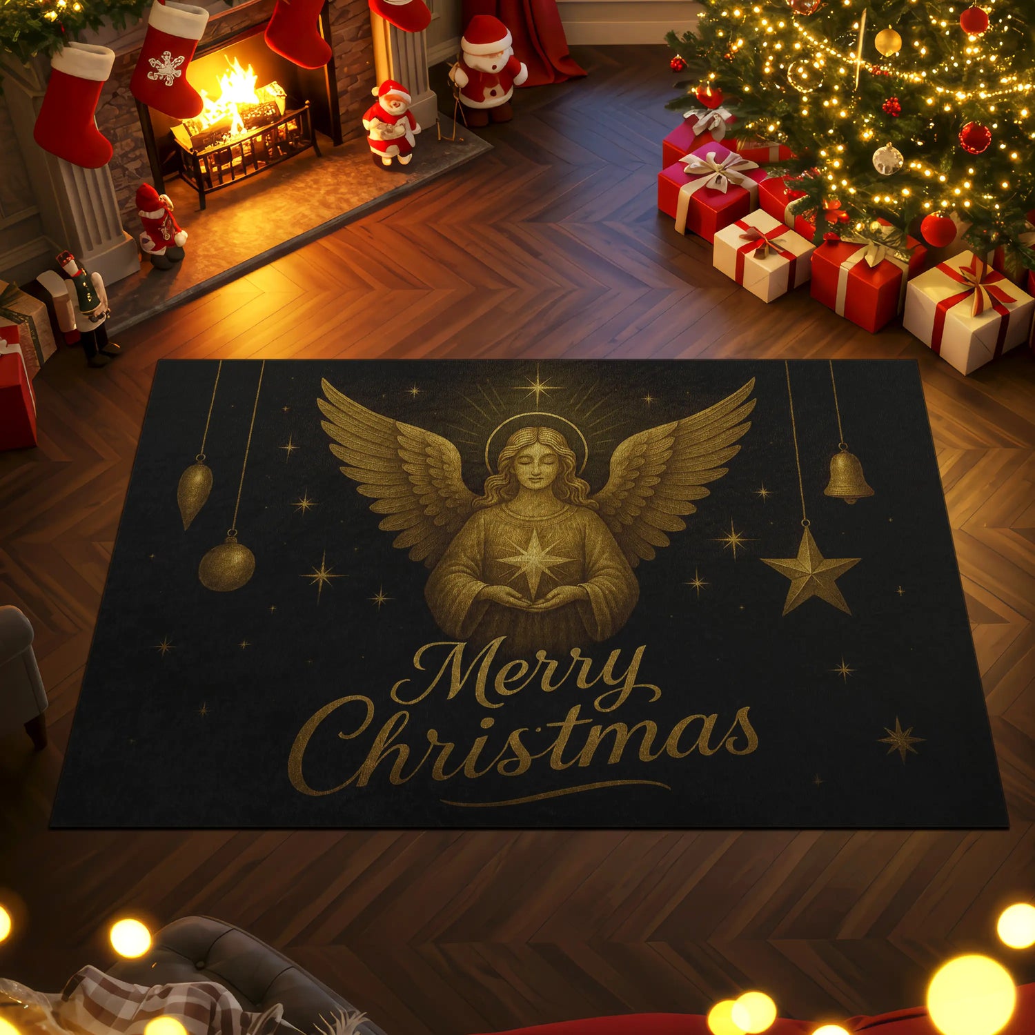 Decorative Christmas rug with angel design and 'Merry Christmas' text in a festive room.