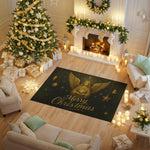 Decorated living room with Christmas tree, fireplace, and 'Merry Christmas' rug.

