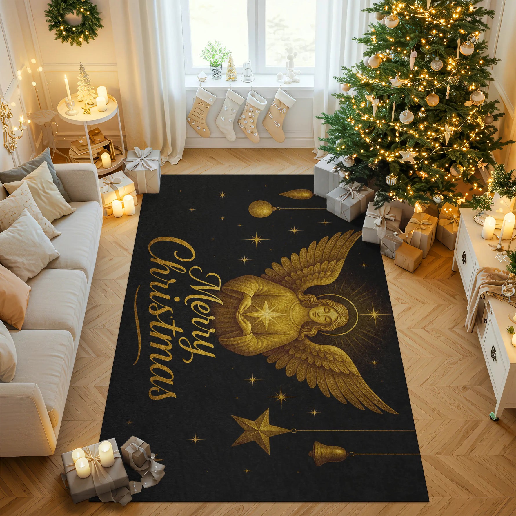 Decorative Christmas rug with angel design in a festive living room.