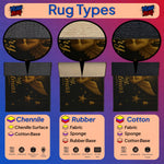 Diagram of rug types including Chenille, Rubber, and Cotton with corresponding icons and text on a purple background.