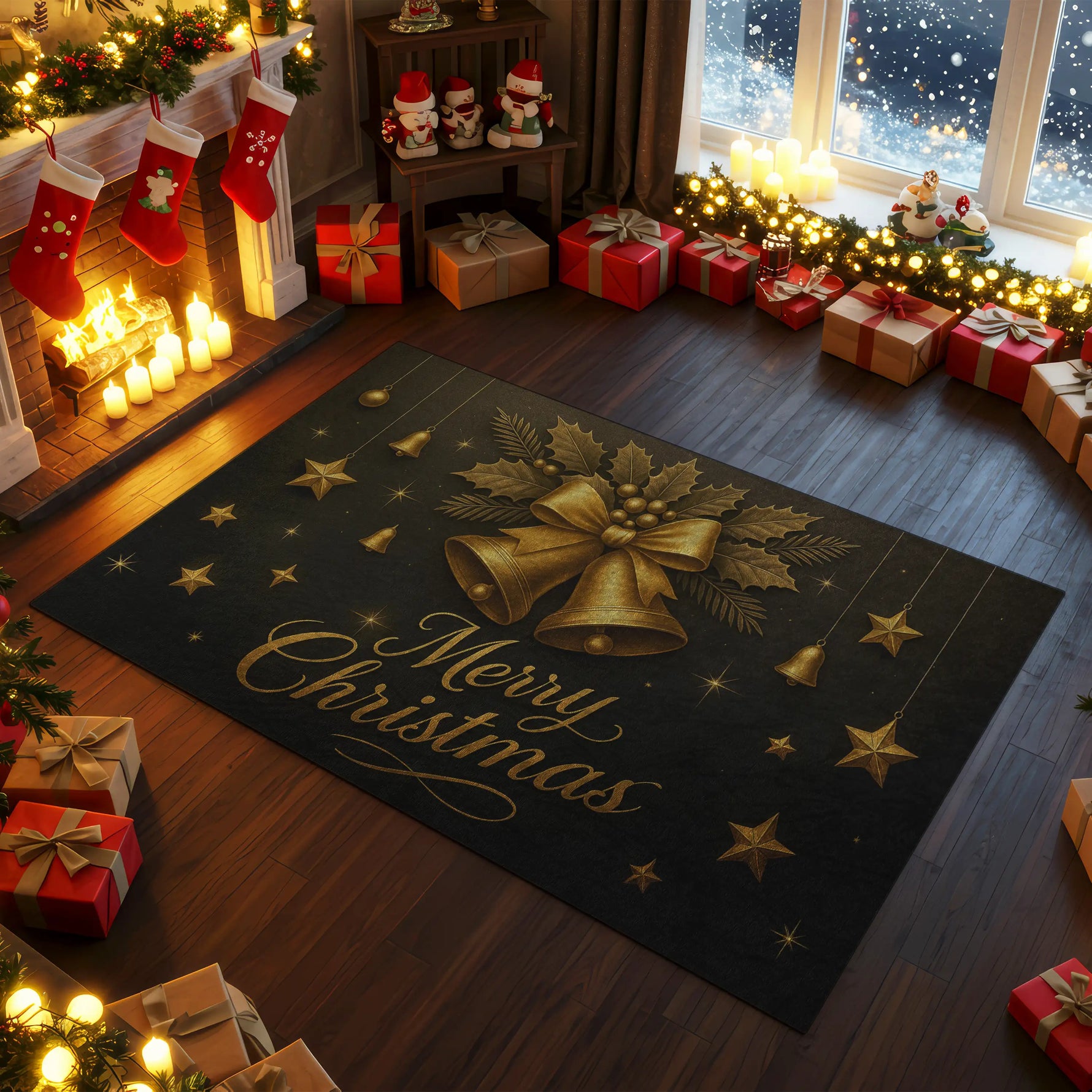 Decorative Christmas rug with gold bells and 'Merry Christmas' text in a festively decorated room.