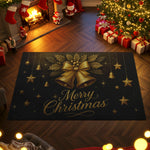 Decorative Christmas rug with gold bells and 'Merry Christmas' text in a festive room with tree, presents, and stockings.