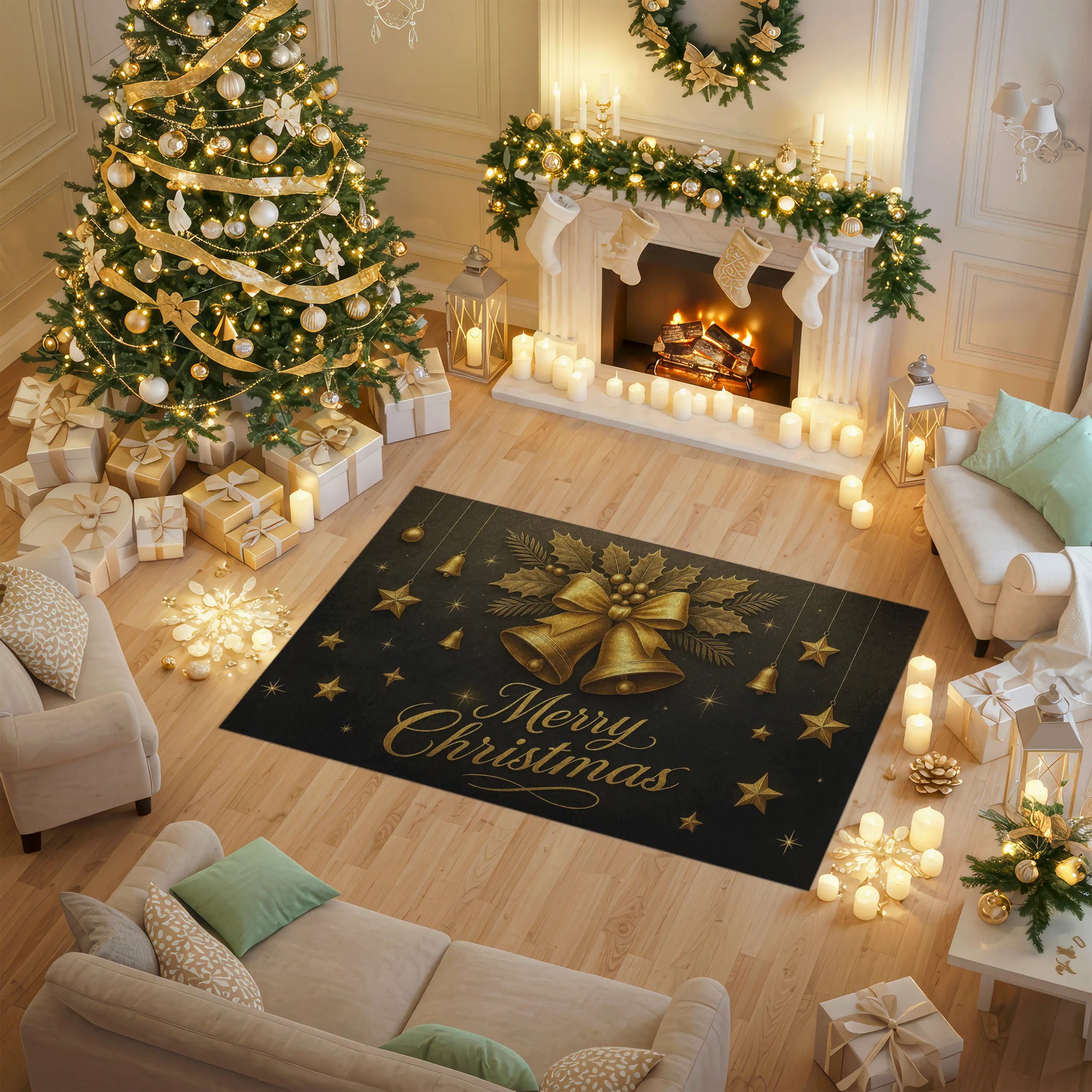 Decorative rug with 'Merry Christmas' text in a festively decorated living room.