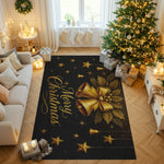 Decorative Christmas rug with gold bells and bow design in a living room setting.