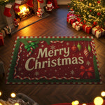 Christmas-themed room with a 'Merry Christmas' rug, tree, and stockings.