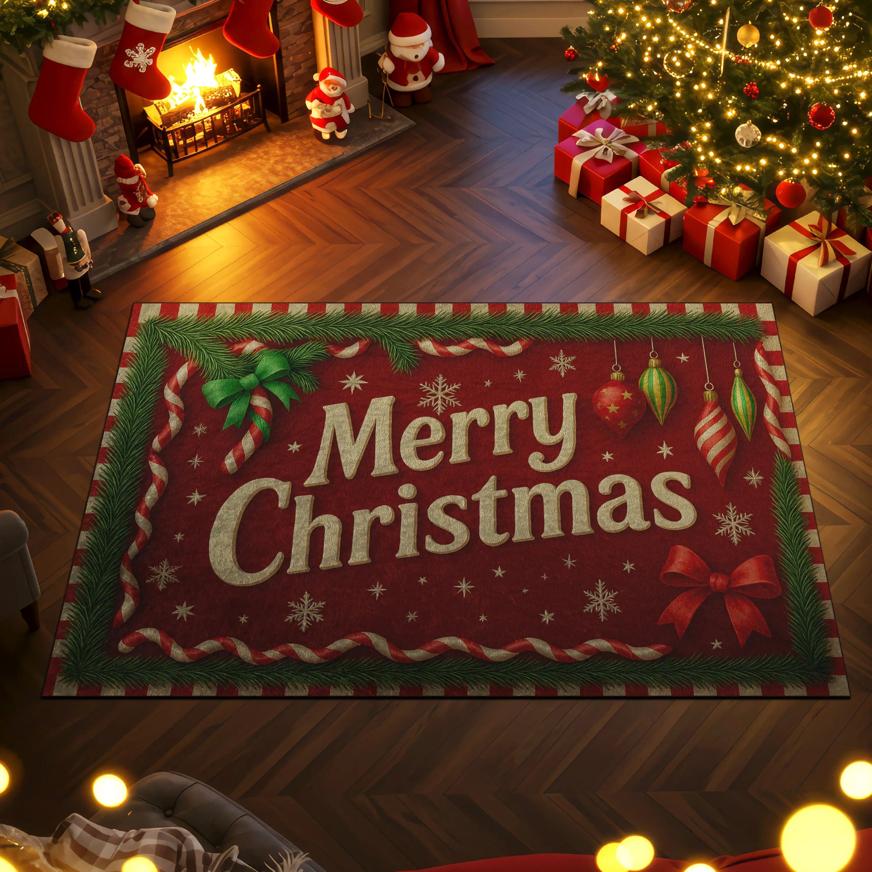 Christmas-themed room with a 'Merry Christmas' rug, tree, and stockings.