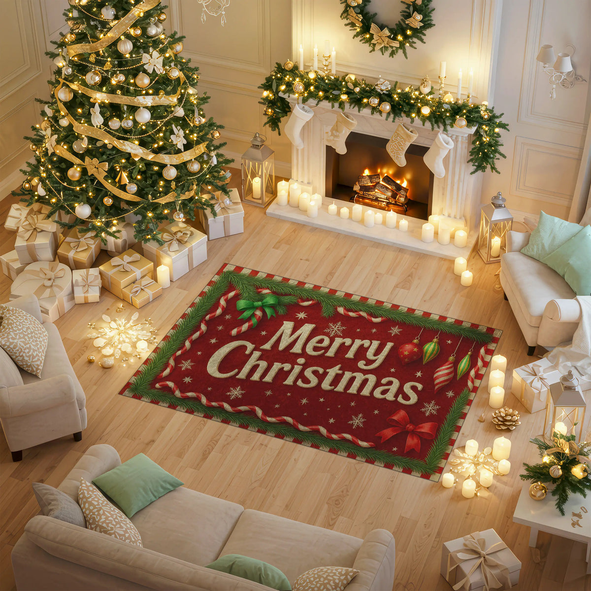 Decorated Christmas living room with a 'Merry Christmas' rug, tree, and fireplace.