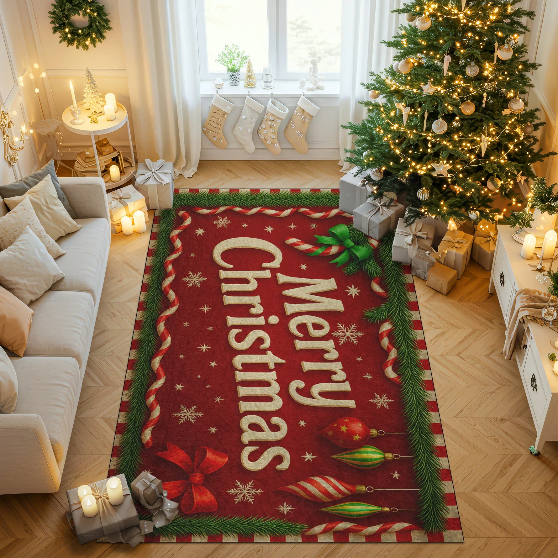 Living room with a 'Merry Christmas' rug, decorated tree, and presents.