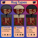 Three Christmas-themed rugs with labels for Chenille, Rubber, and Cotton materials on a purple background.