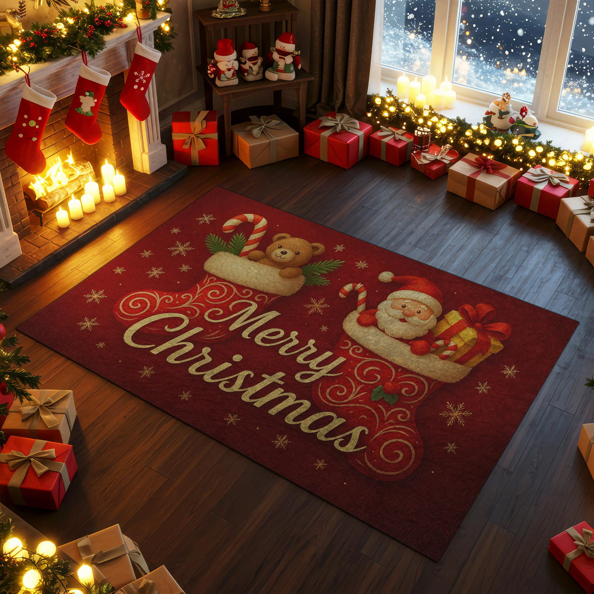 Decorated Christmas living room with a 'Merry Christmas' rug, fireplace, and presents.