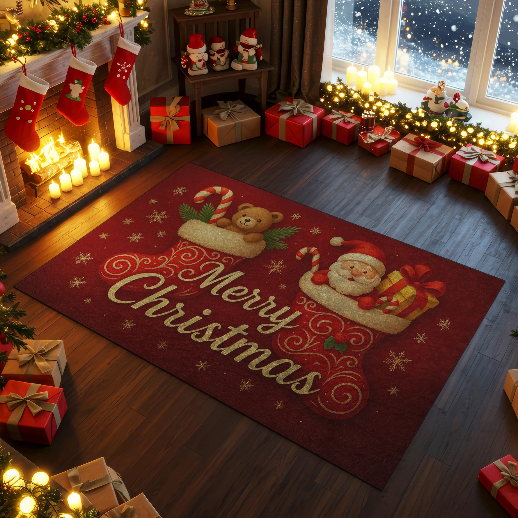 Decorated Christmas living room with a 'Merry Christmas' rug, fireplace, and presents.