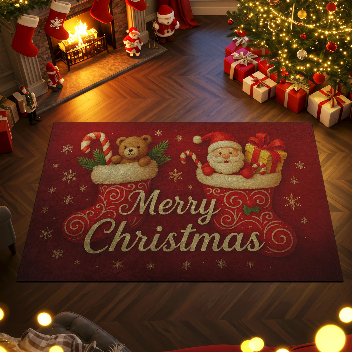 Decorative Christmas rug with Santa Claus and teddy bear design in a festive room.