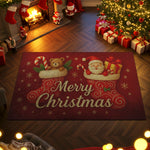 Decorative Christmas rug with Santa Claus and teddy bear design in a festive room.