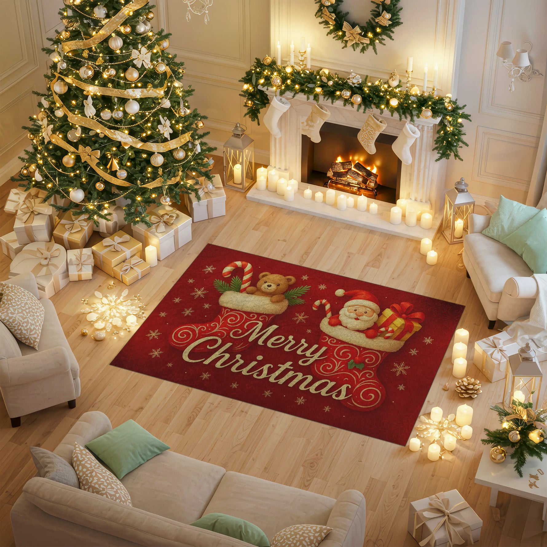 Decorated living room with Christmas tree, fireplace, and rug featuring Santa Claus and candy canes.