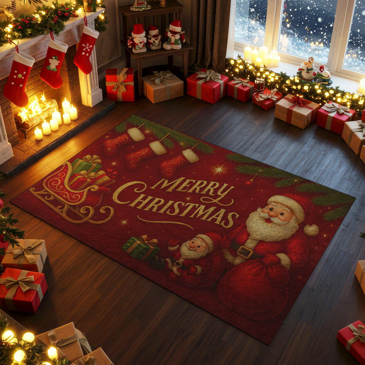 Decorative Christmas rug with Santa Claus design in a festive living room.