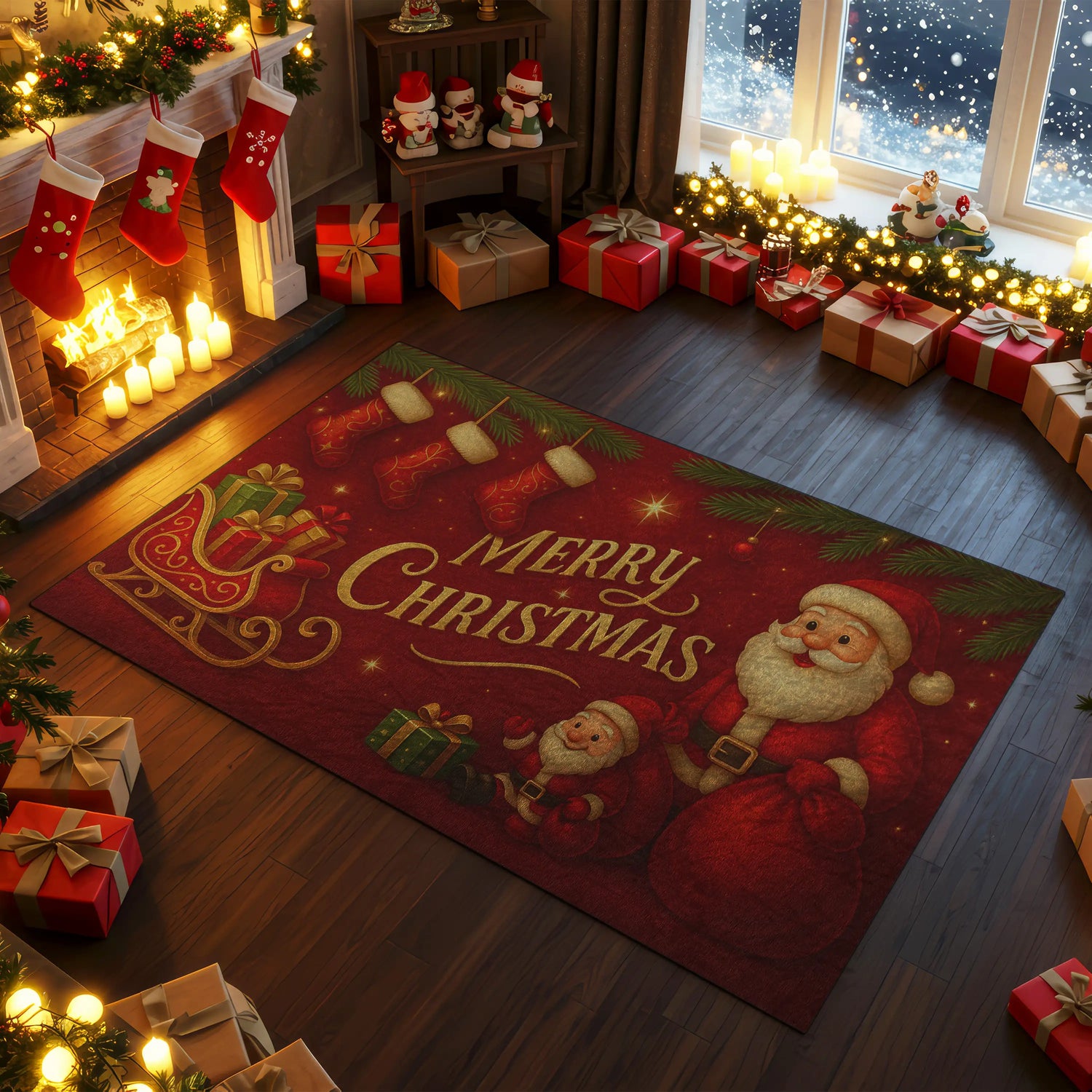 Decorative Christmas rug with Santa Claus design in a festive living room.