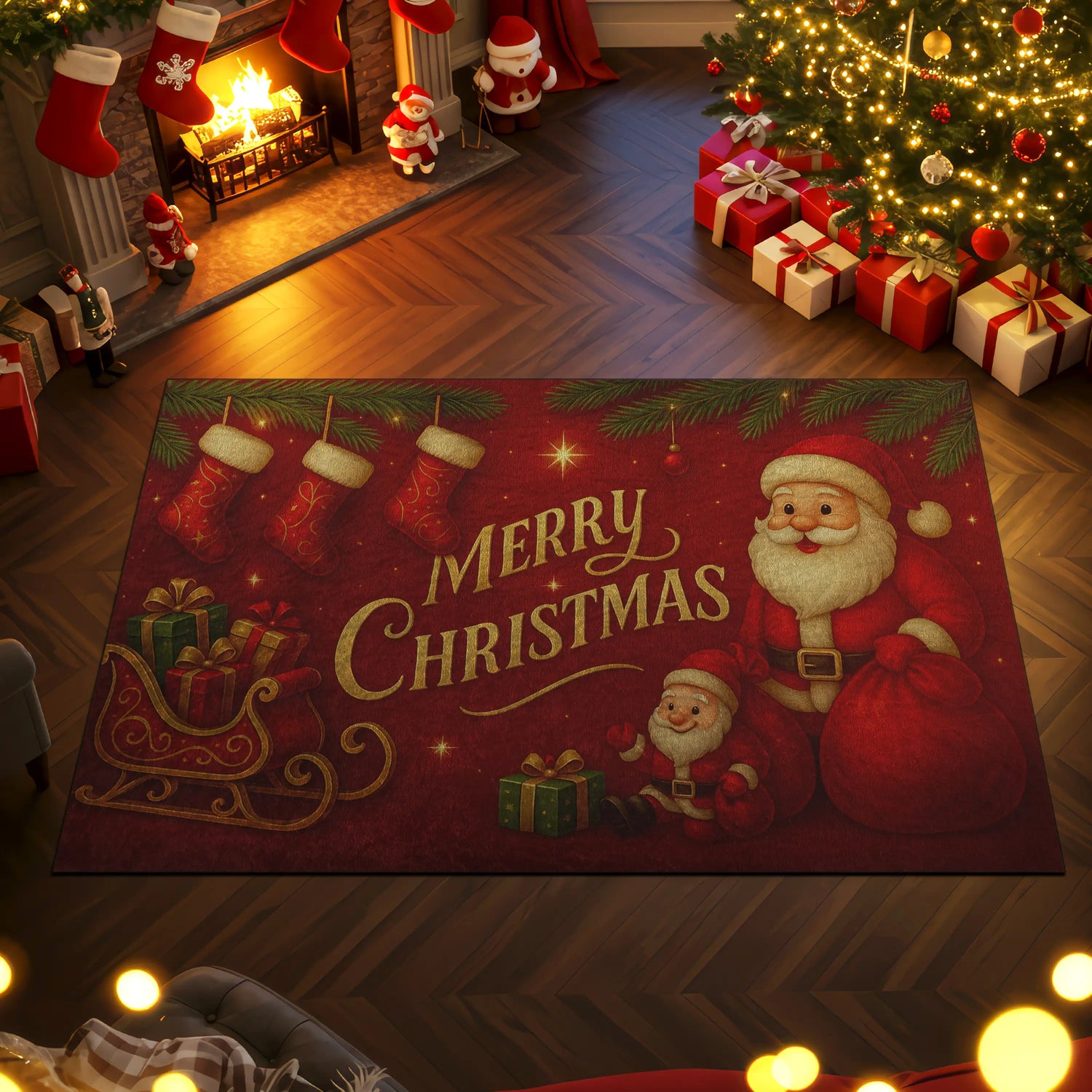 Decorative Christmas rug with Santa Claus design in a festive room with tree and stockings.