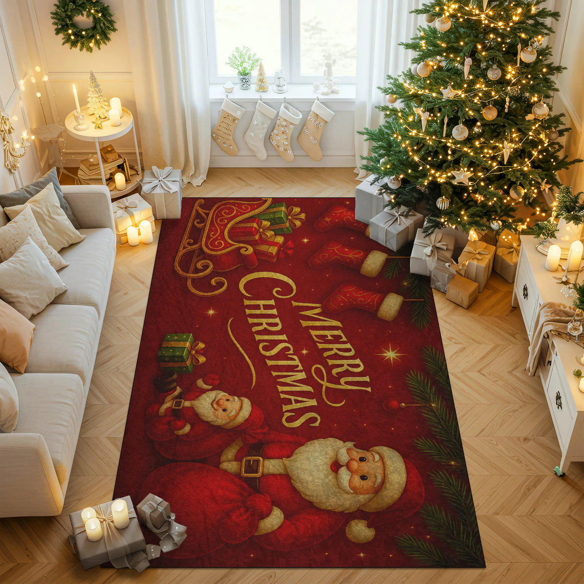 Living room with a 'Merry Christmas' rug featuring Santa Claus, decorated tree, and presents.