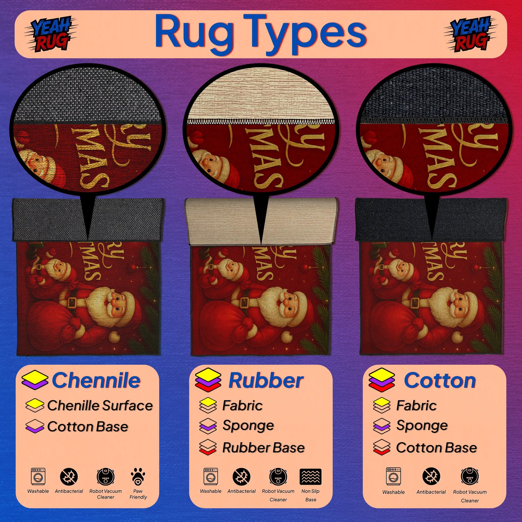 Comparison of rug types with Santa Claus design on a purple background