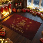 Decorative Christmas rug with 'Merry Christmas' text in a festive room with stockings and presents.