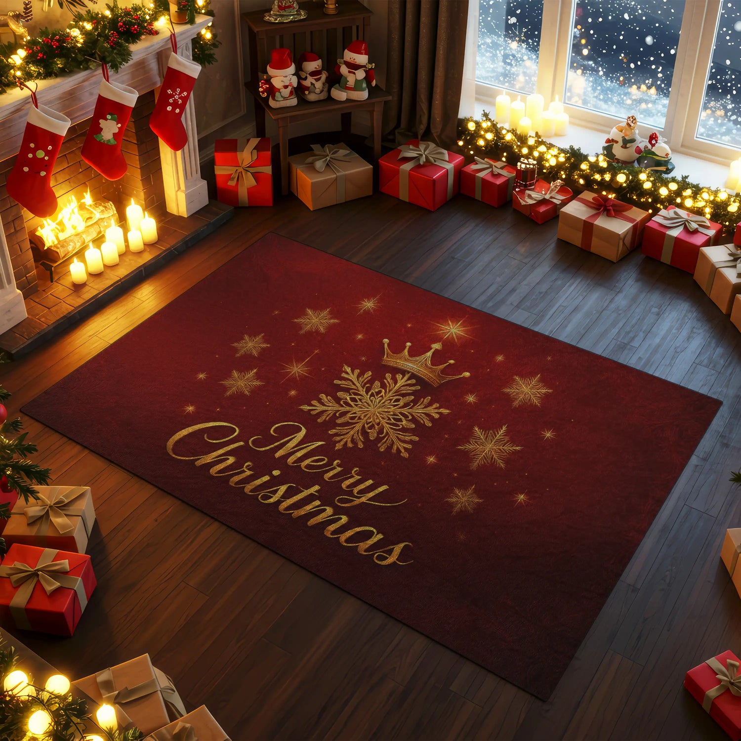 Decorative Christmas rug with 'Merry Christmas' text in a festive room with stockings and presents.