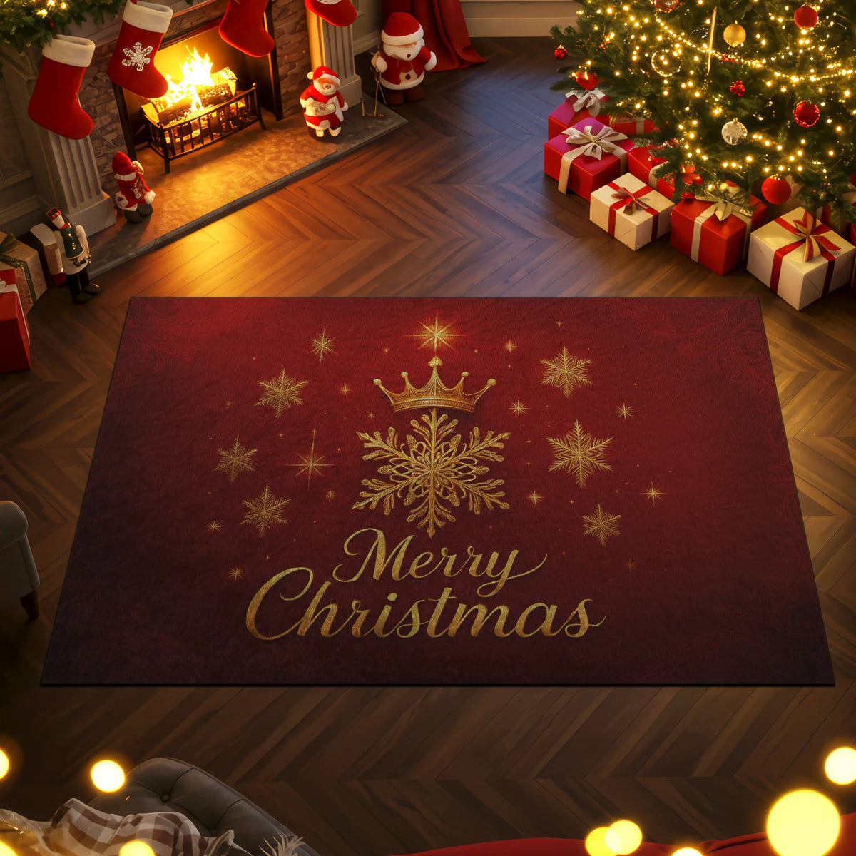 Decorative Christmas rug with 'Merry Christmas' text in a festive room with tree, presents, and stockings.