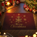 Decorative Christmas rug with 'Merry Christmas' text in a festive room with tree, presents, and stockings.