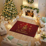 Decorated living room with Christmas tree, fireplace, and 'Merry Christmas' rug.