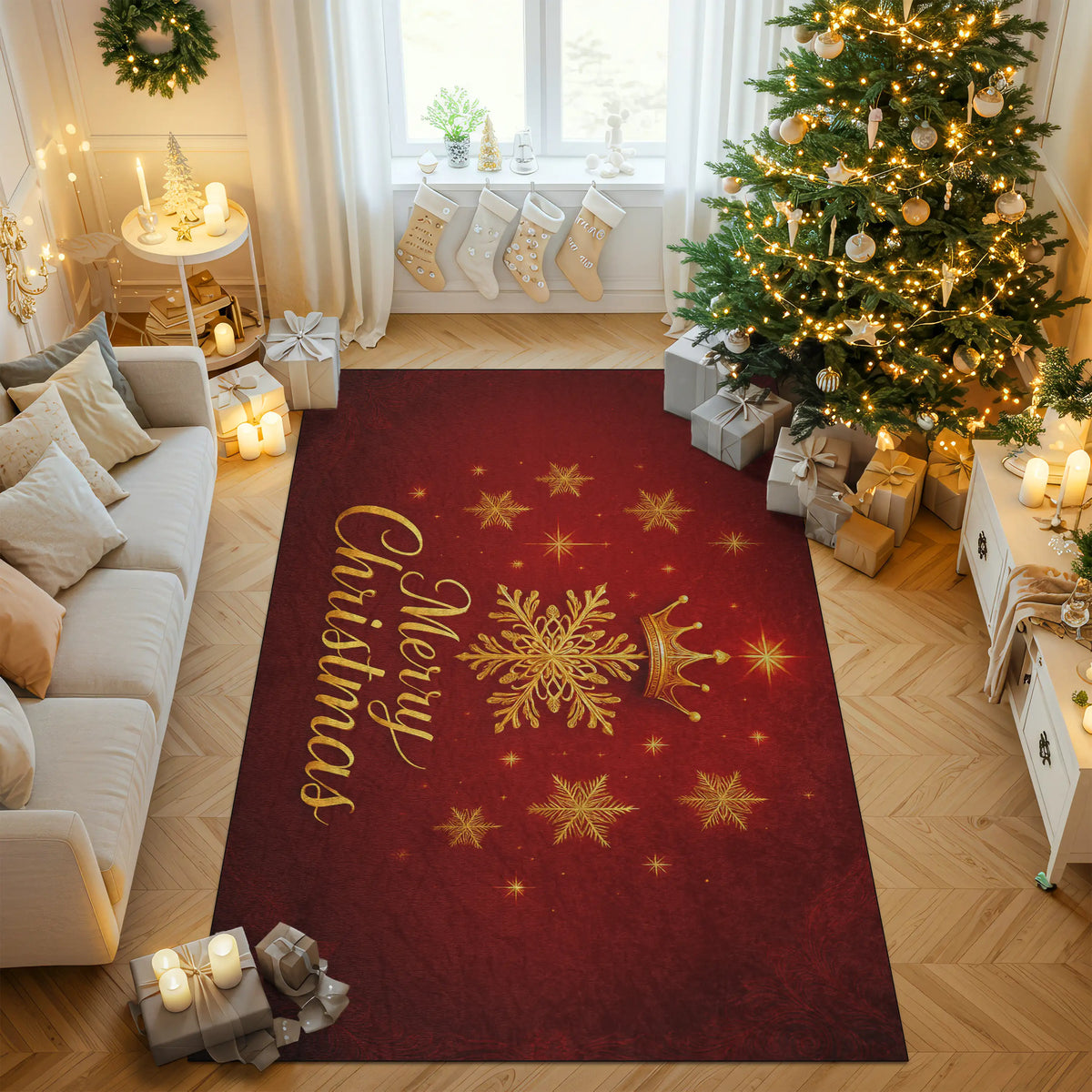 Decorative red Christmas rug with gold text and snowflake design in a festive living room.