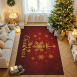 Decorative red Christmas rug with gold text and snowflake design in a festive living room.