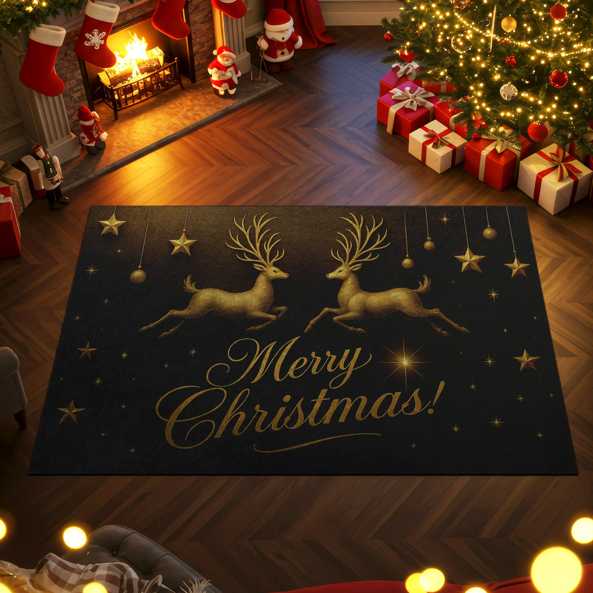 Decorative Christmas rug with reindeer and 'Merry Christmas!' text in a festive room with tree, presents, and stockings.