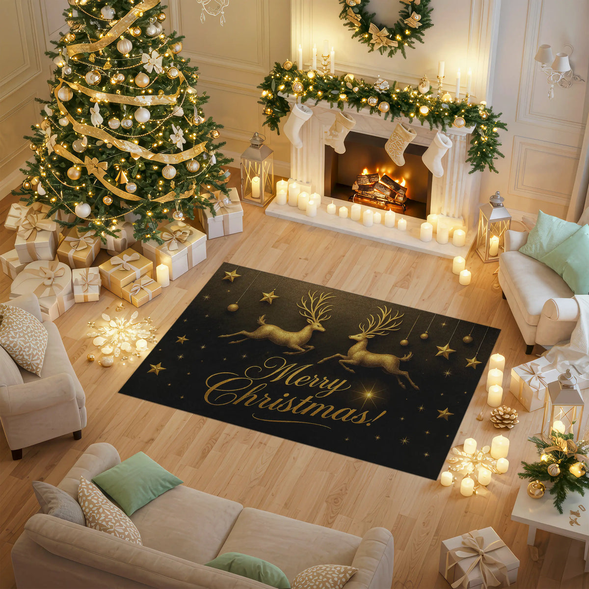 Decorated living room with Christmas tree, fireplace, and 'Merry Christmas' rug.