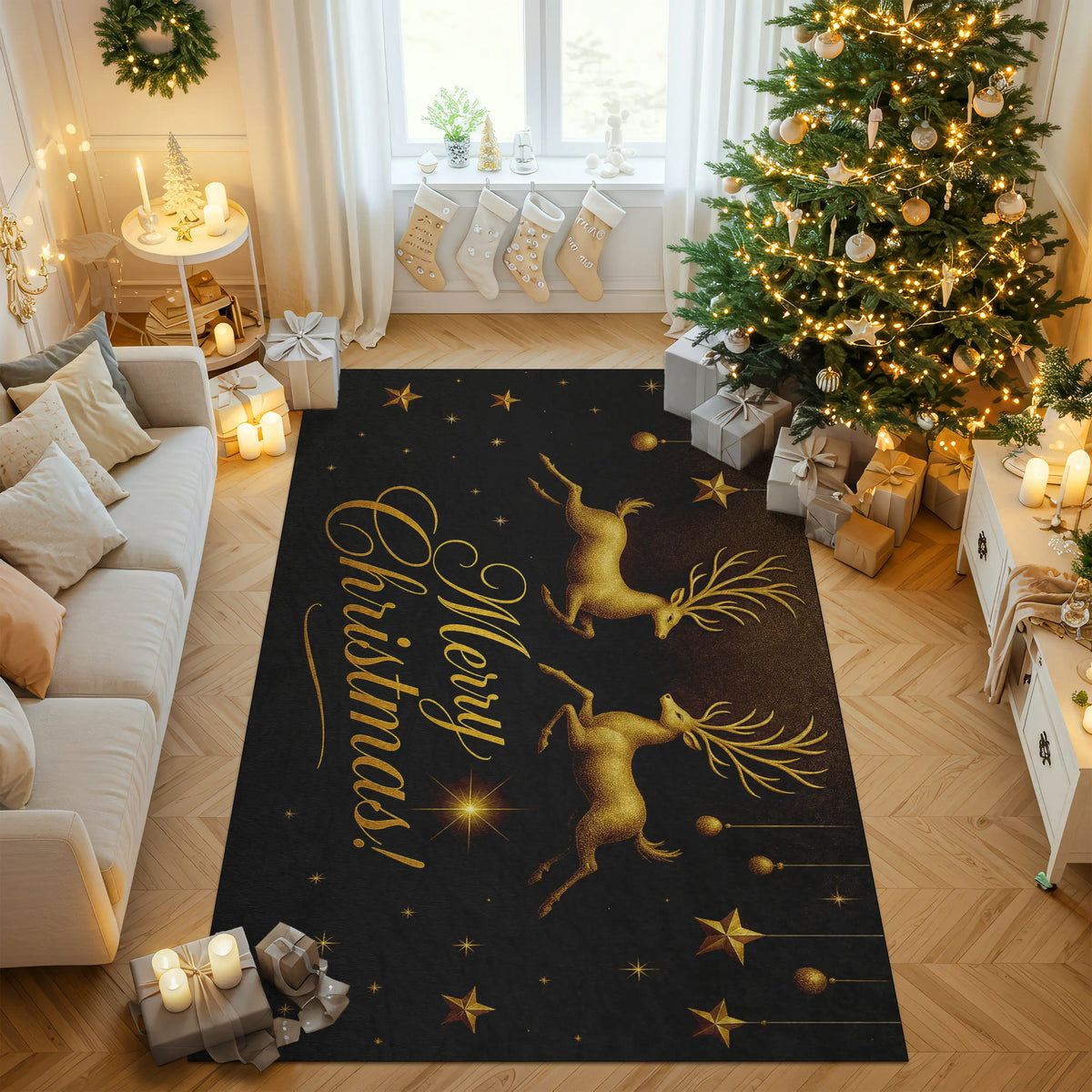 Decorative Christmas rug with reindeer and 'Merry Christmas!' text in a living room with a Christmas tree and presents.