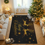 Decorative Christmas rug with reindeer and 'Merry Christmas!' text in a living room with a Christmas tree and presents.