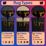 Comparison of rug types with Chenille, Rubber, and Cotton materials on a purple background.