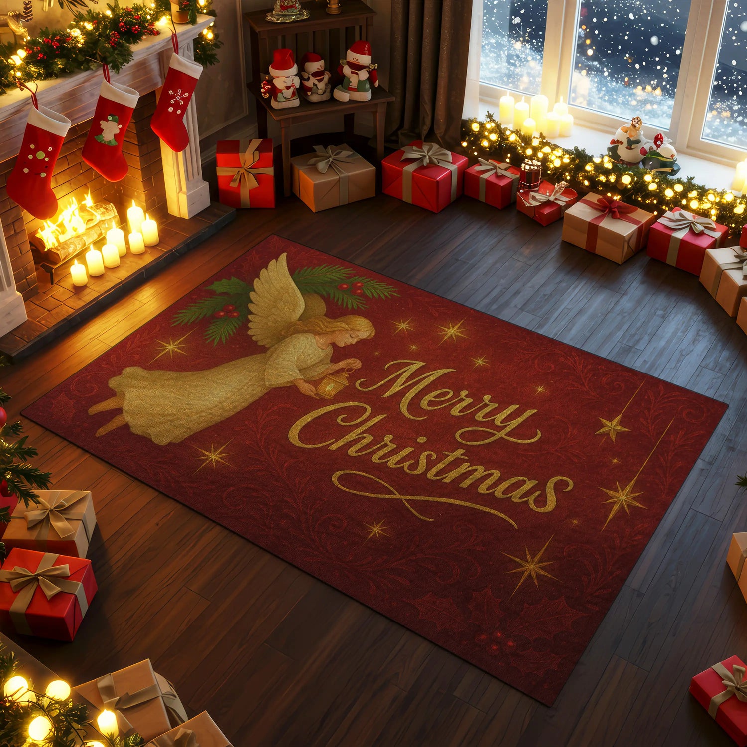 Golden Angel Christmas Rug – Elegant Red Holiday Décor