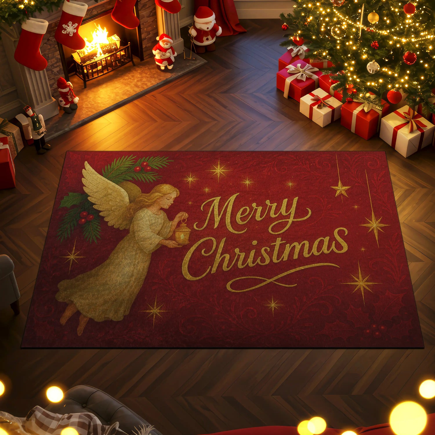 Golden Angel Christmas Rug – Elegant Red Holiday Décor