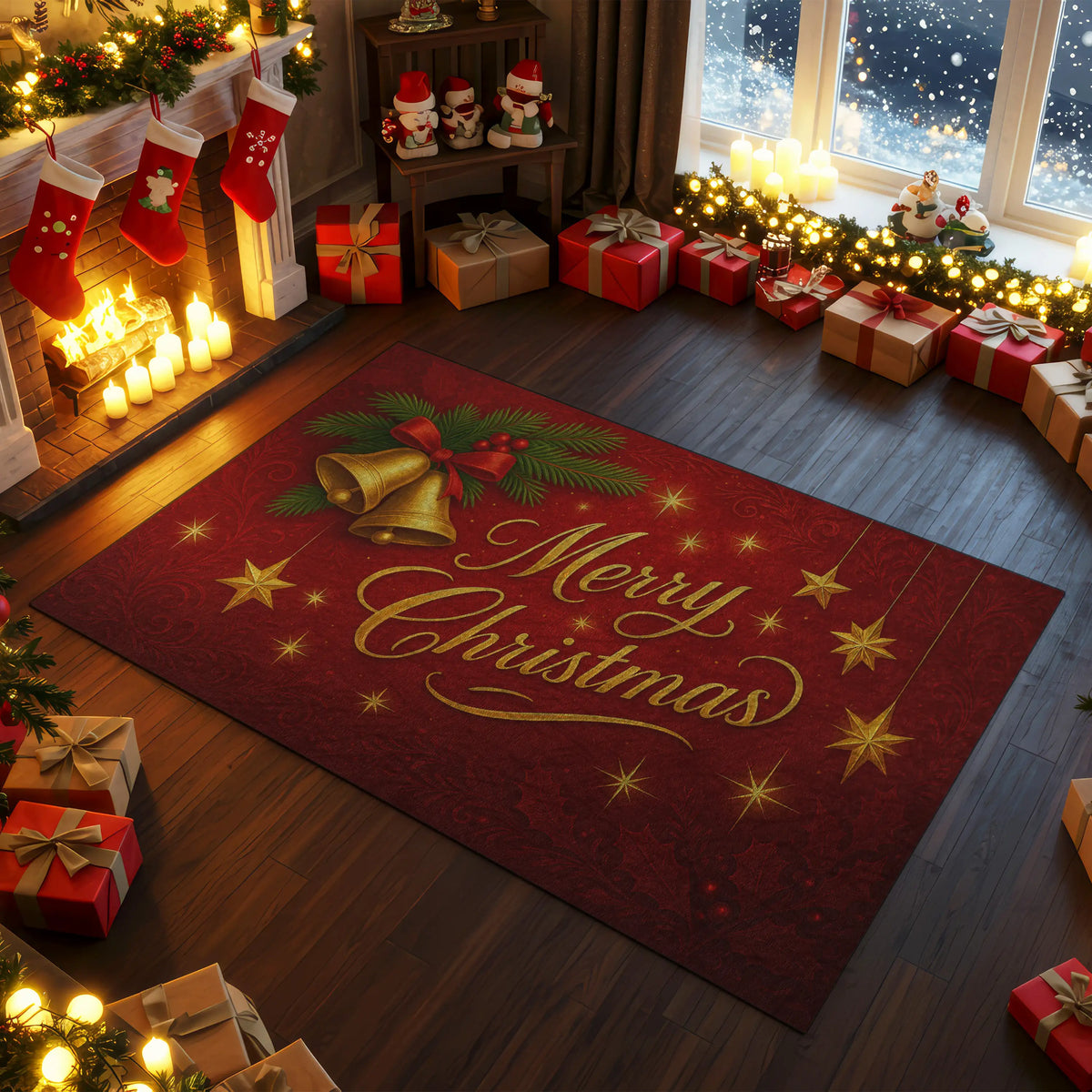 Decorated Christmas living room with 'Merry Christmas' rug, stockings, and presents.