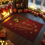 Decorated Christmas living room with 'Merry Christmas' rug, stockings, and presents.
