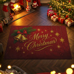 Decorative Christmas rug with 'Merry Christmas' text in a festive room with a fireplace and tree.
