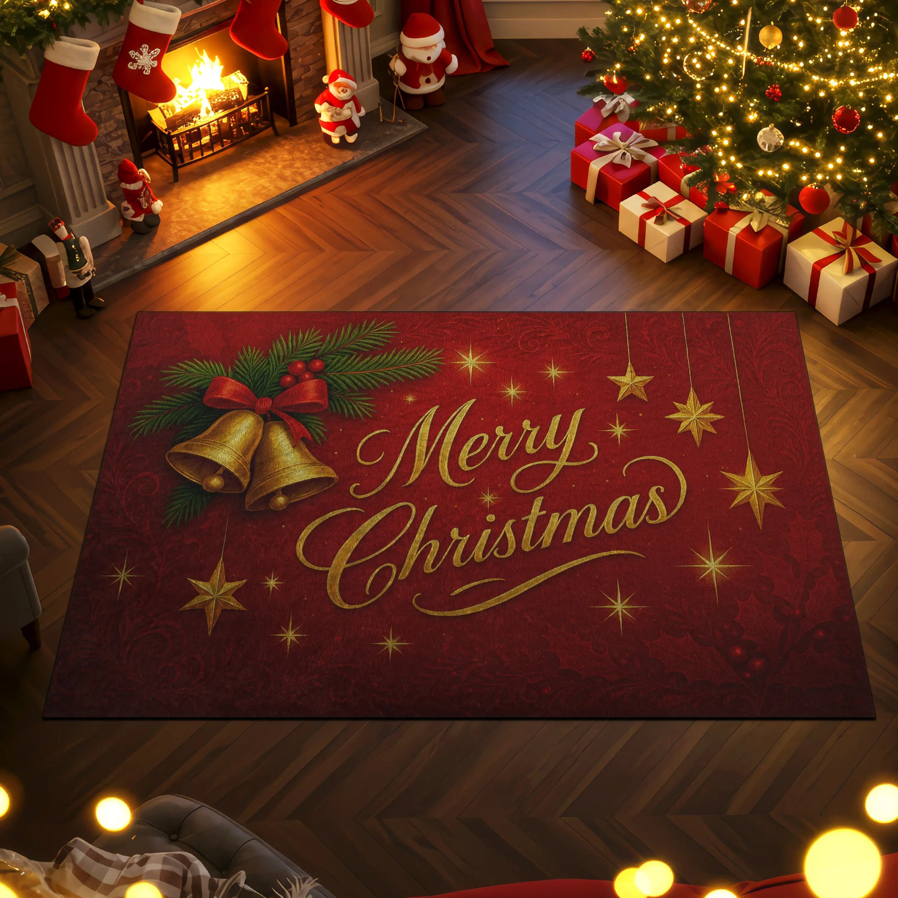 Decorative Christmas rug with 'Merry Christmas' text in a festive room with a fireplace and tree.
