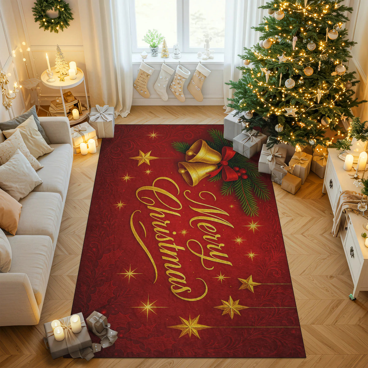 Living room decorated for Christmas with a 'Merry Christmas' rug, tree, and presents.