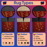 Three rug samples with labels for Chenille, Rubber, and Cotton textures on a colorful background.