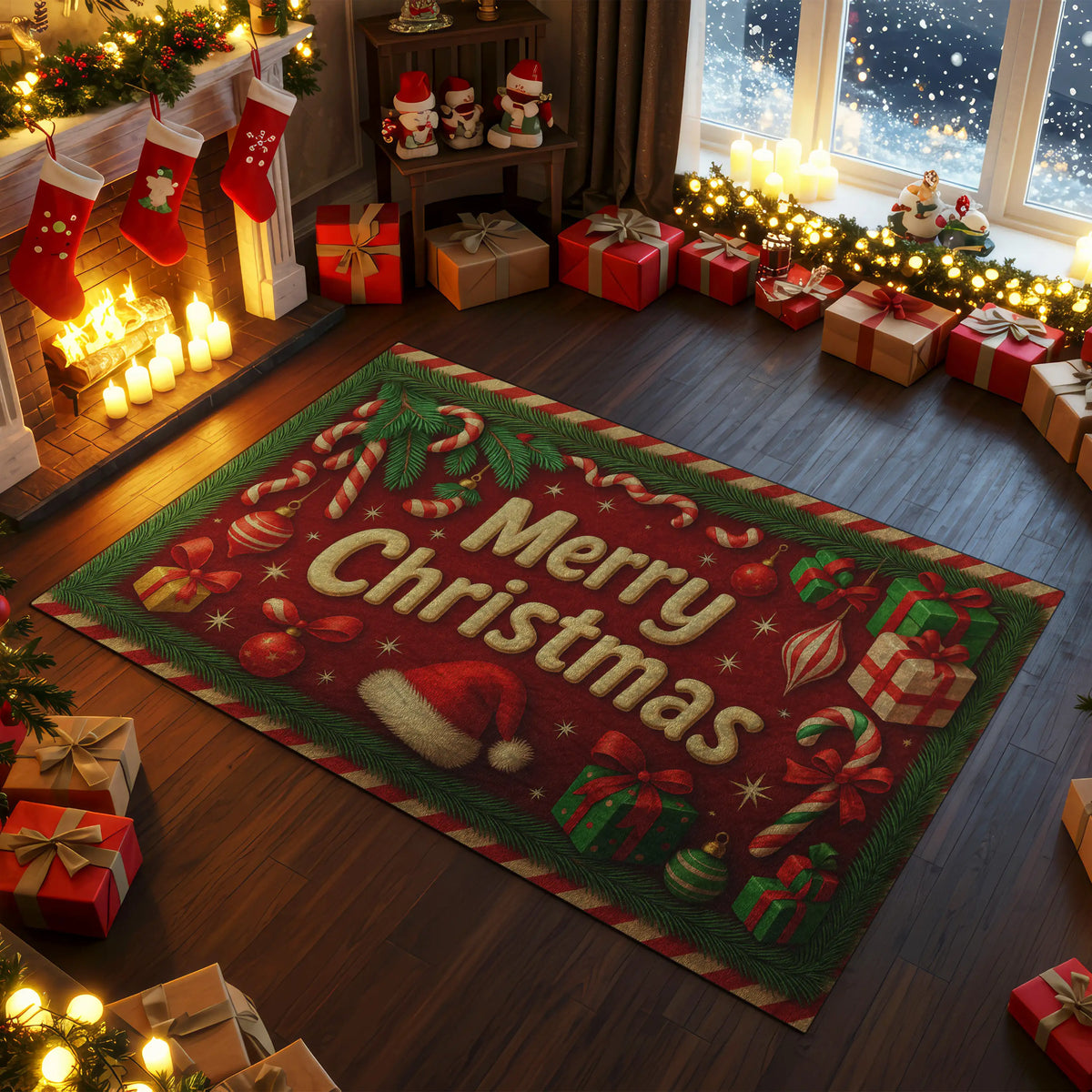 Christmas-themed room with a 'Merry Christmas' rug, stockings, and presents.