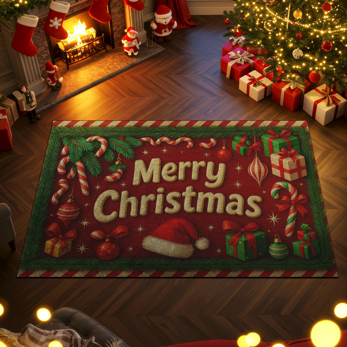 Decorative Christmas rug with festive design in a cozy living room setting.