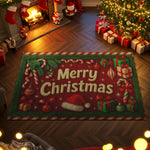 Decorative Christmas rug with festive design in a cozy living room setting.