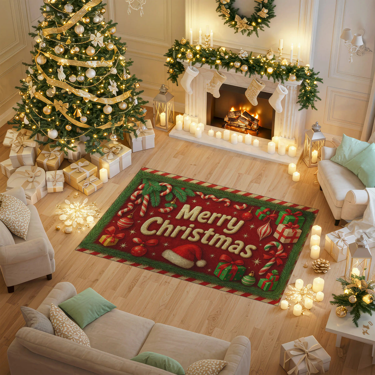 Decorative Christmas rug with 'Merry Christmas' text in a festively decorated living room.