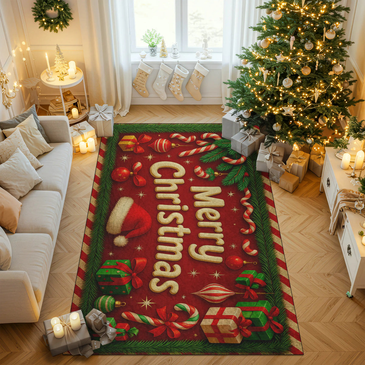 Decorative Christmas rug with festive designs in a living room setting.
