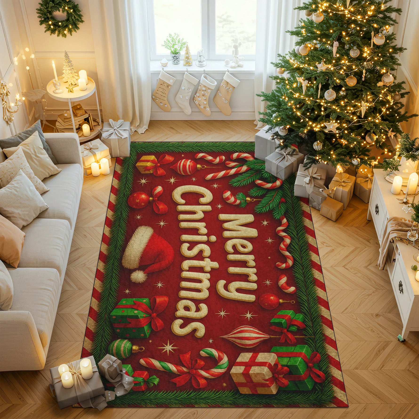 Decorative Christmas rug with festive designs in a living room setting.